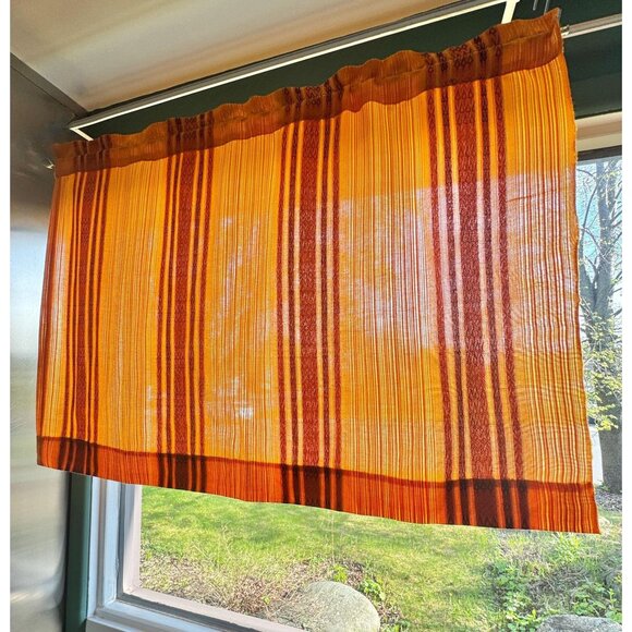 Vintage 70s curtain, orange tones, vertical striped woven panel, rod header - Picture 1 of 9